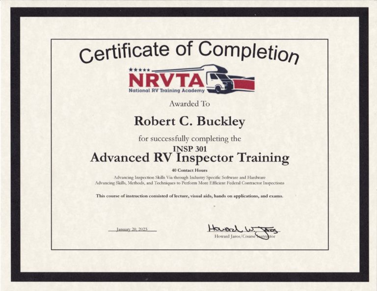 Advanced RV Inspector Training certificate