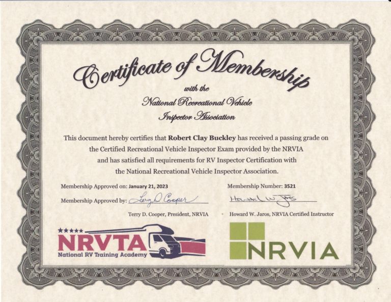 NRVIA Certificate of Membership for Clay Buckley