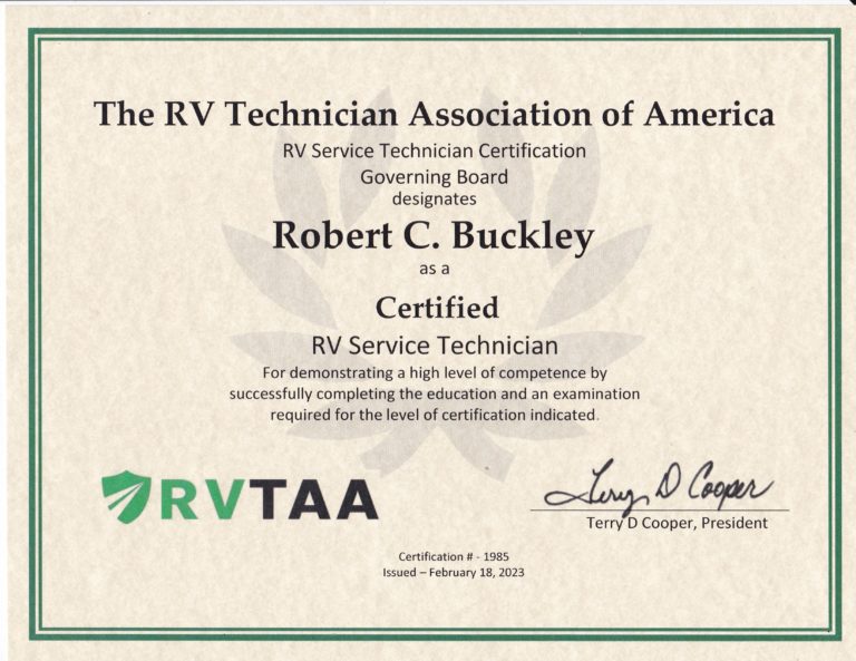 Certified RV Service Technician certificate