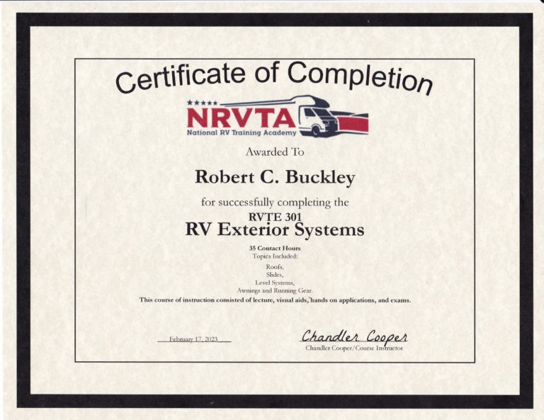 RV Exterior Systems training certificate